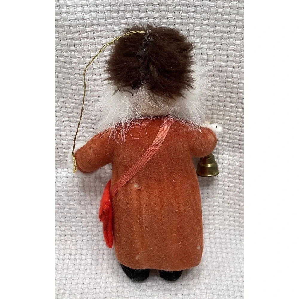 Flocked Plastic Old World Santa Christmas Ornament With Fur Hat & Bell 5”